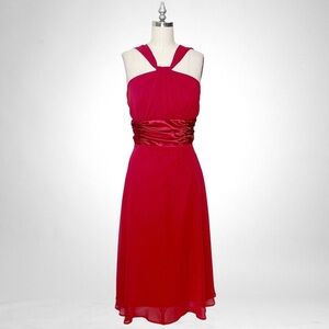 Connected Apparel Red Chiffon Halter Midi Dress Satin Trim 12 Nwt